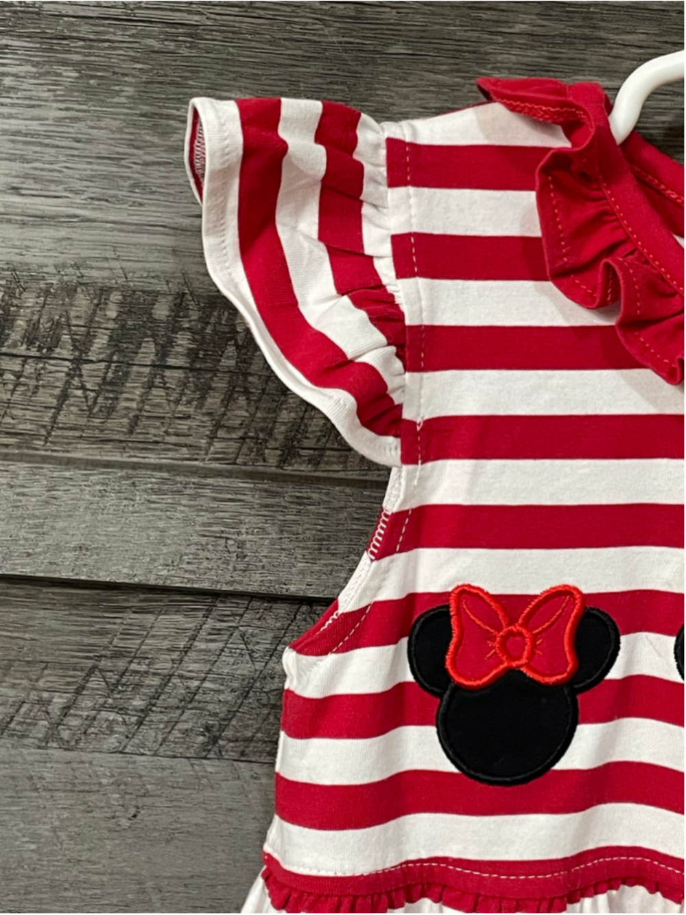 Stitchy Fish Girls Red White Striped Ruffle Minnie Mouse Applique Dress 2T - Picture 3 of 7